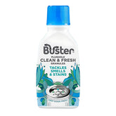 A 300g bottle of Buster Plughole Clean & Fresh Granules, a powerful cleaner for plughole smells and stains, featuring a blue cap and decorative packaging.